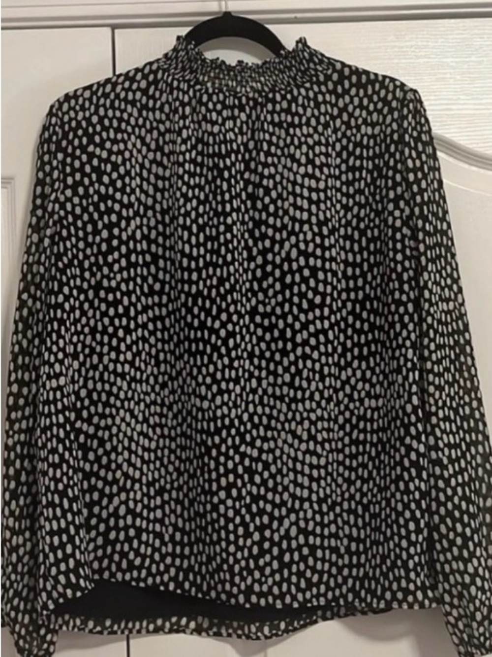 J. Crew Black Blouse with White Dot Print and Smocked Neck